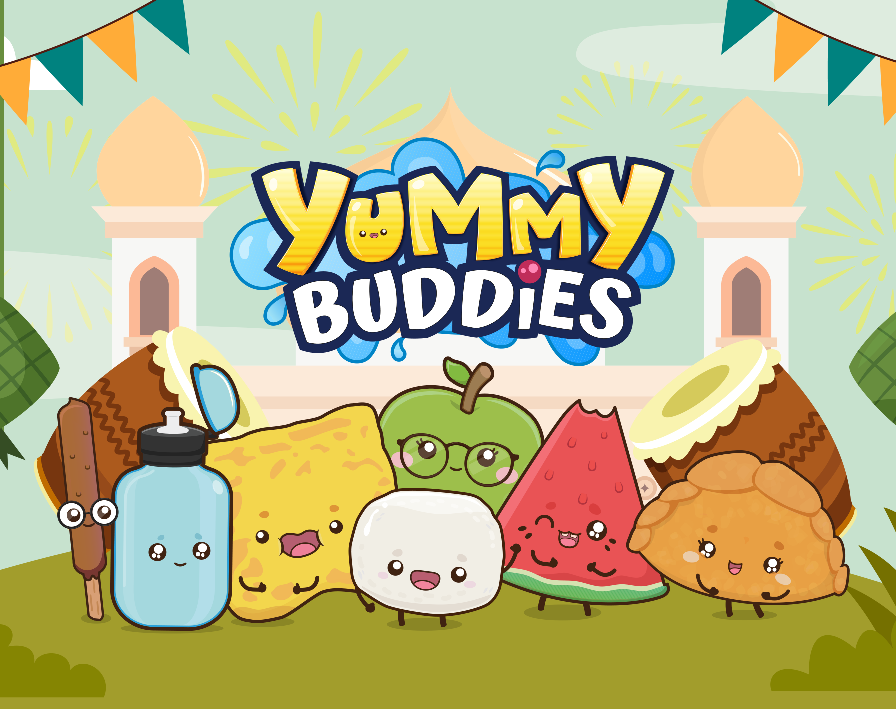 The Yummy Buddies characters gathered together outdoors in front of a mosque with ketupat woven palms and drums celebrating Hari Raya.